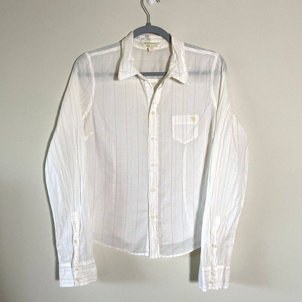 Vintage Abercrombie & Fitch Women's Y2K button up Striped Shirt Cream Size Large